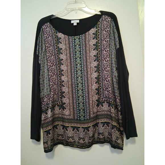 J Jill Top Black Green Pink Paisley Boho Career Stretch Long Sleeve Large Petite - Picture 1 of 6